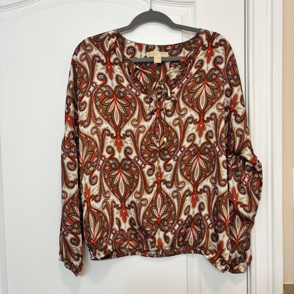Michael Kors Womens‎ Large Paisley Tie Neck Long Sleeve Blouse Orange Brown